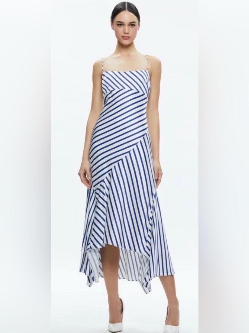 Alice + Olivia Navy and White Striped Midi Slip Dress